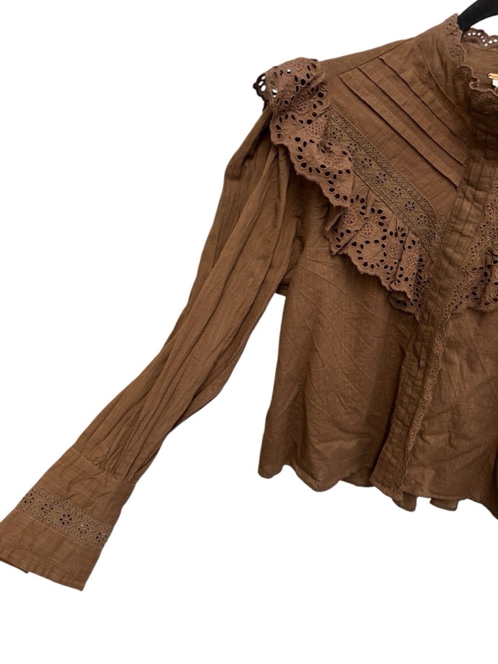 Free People Hit The Road button down blouse in Coffee Date eyelet ruffle yoke - Picture 5 of 14